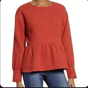 Madewell Lightspun Button-Back Peplum Top Woman’s Small Rust Red Laganlook
